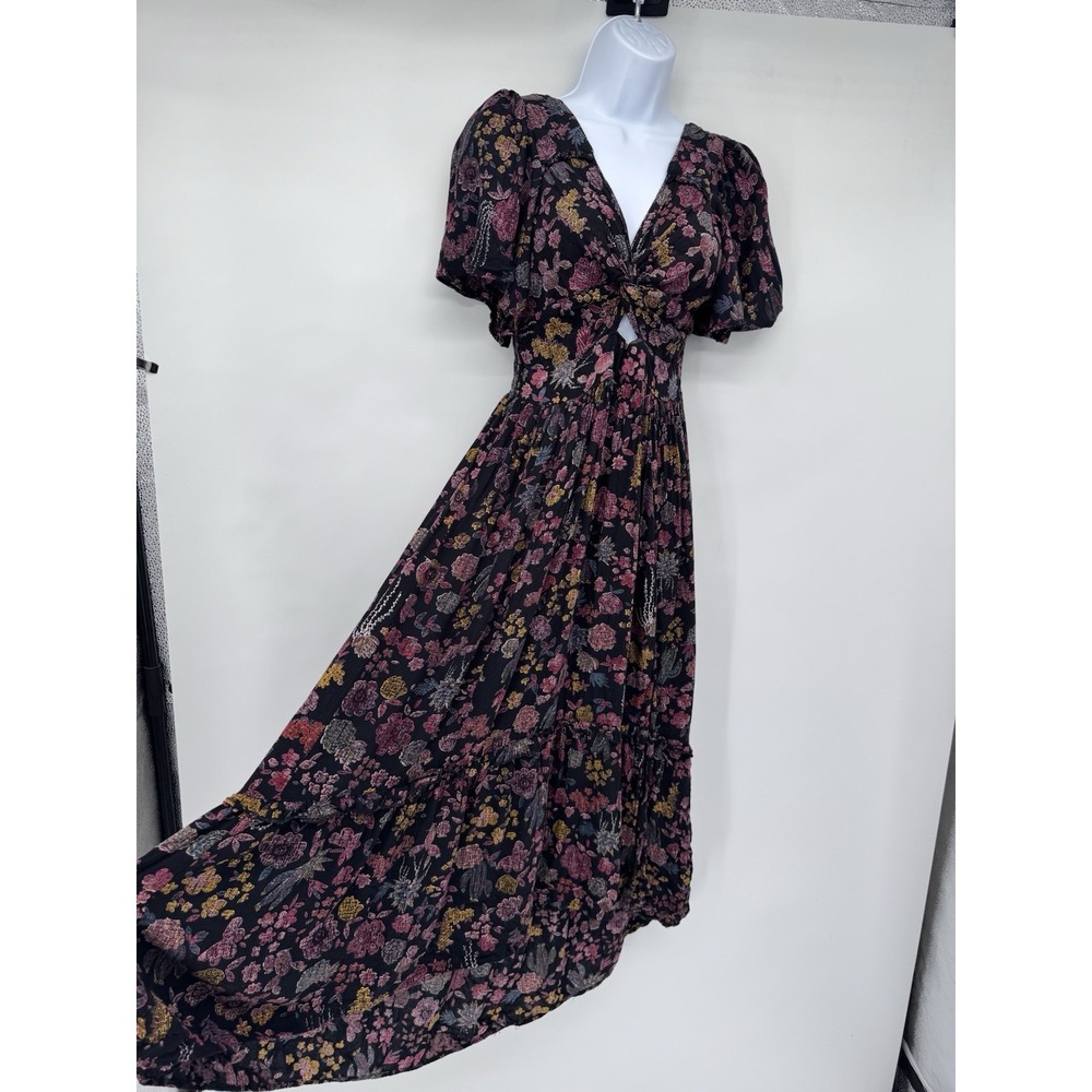 ANGIE Boho Floral Smocked Dress Festival front slit babydoll bloomcore cottage M - Picture 2 of 14